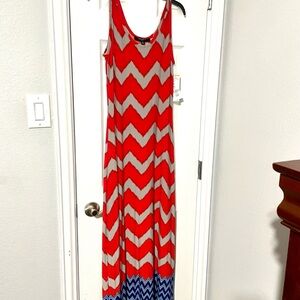 Nine West maxi dress; size small; super stretchy; orange, gray and navy blue